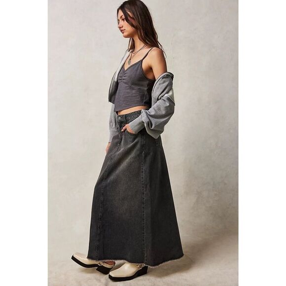 Free People Come As You Are Denim Maxi Skirt Mid Rise Cotton Size 2 Grey - Picture 1 of 11